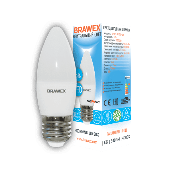 Светодиодная лампа Brawex SENSE 0707E-B35S-6N E27 6Вт Нейтральный 4000К