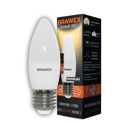 Светодиодная лампа Brawex PREMIUM 0707E-B35-6L E27 6Вт Теплый 3000К
