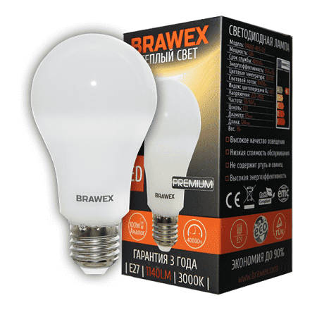 Светодиодная лампа Brawex PREMIUM 0406E-A65-12L E27 12Вт Теплый 3000К