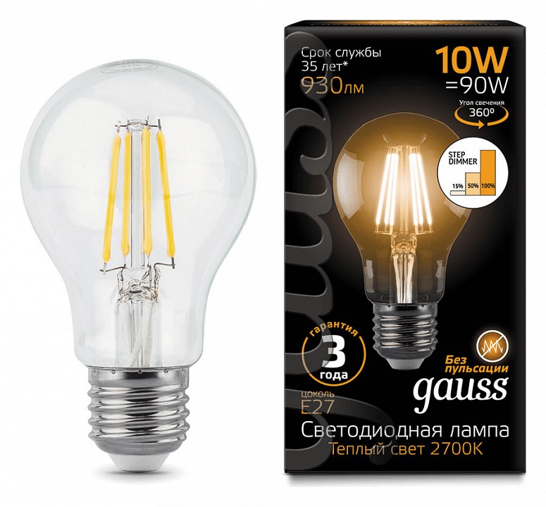 Лампа светодиодная Gauss LED Filament E27 10Вт 2700K 102802110-S