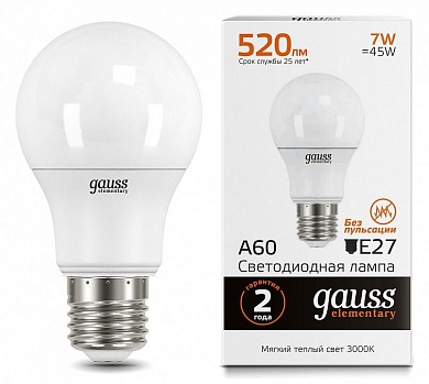 Лампа светодиодная Gauss Led Elementary A60 E27 7Вт 3000K 23217A